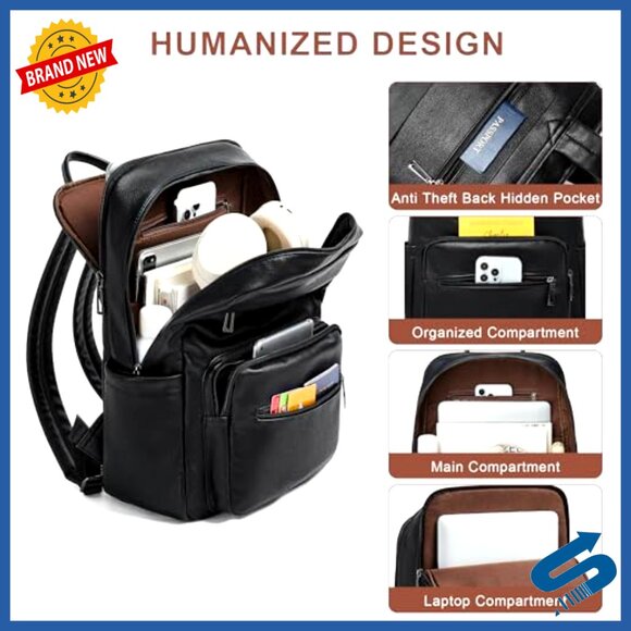 Leather Laptop Backpack Vegan Leather Large Capacity Travel Daypack Business - Picture 2 of 6